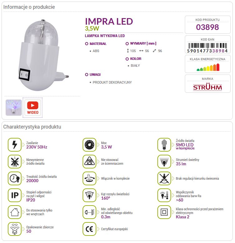 Lampka wtykowa IMPRA LED 3,5W DISCO 03898 Struhm