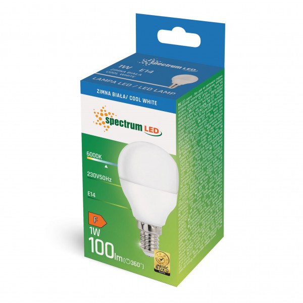 Żarówka LED kulka E14 230V 1W zimna CW WOJ+14447 SPECTRUM LED
