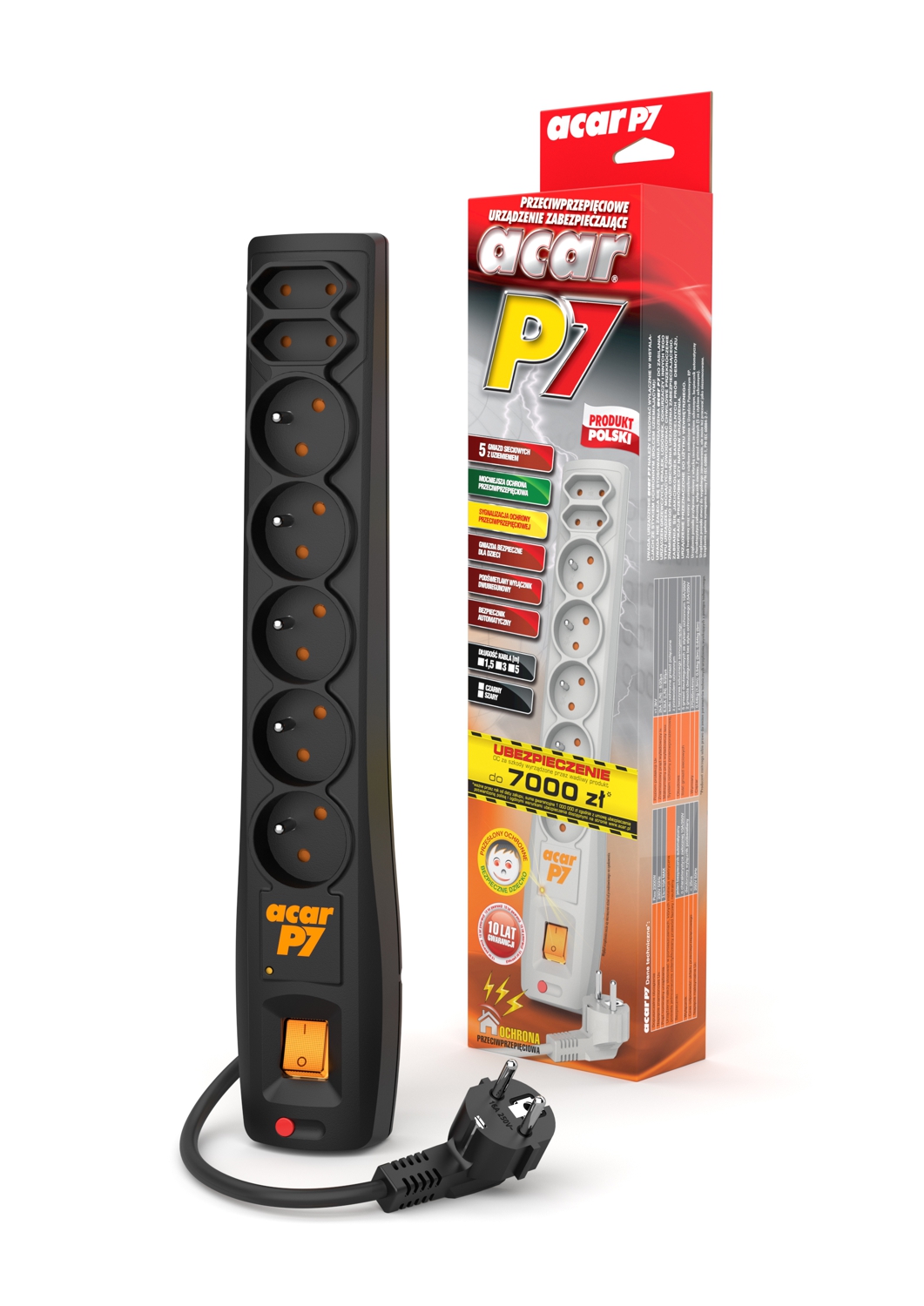 Listwa przepięciowa przedłużacz ACAR P7 3m 7 gniazd czarna