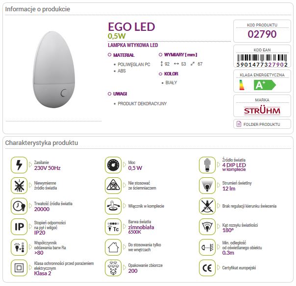 Lampka wtykowa nocna LED EGO 0,5W zimna STRUHM