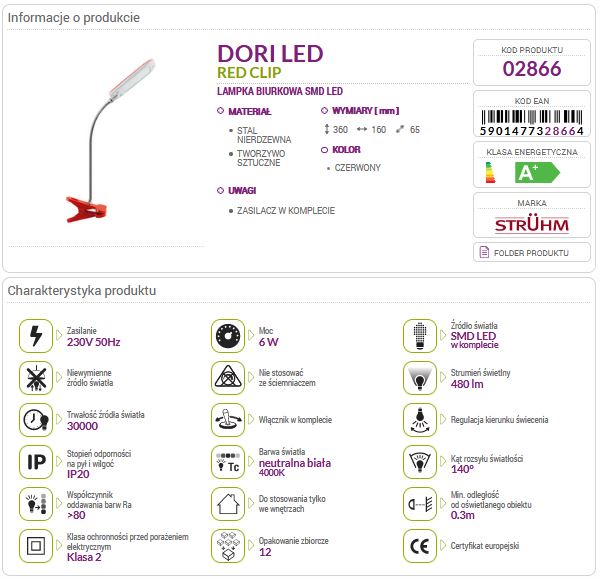 Lampka biurkowa DORI LED 6W RED CLIP 02866