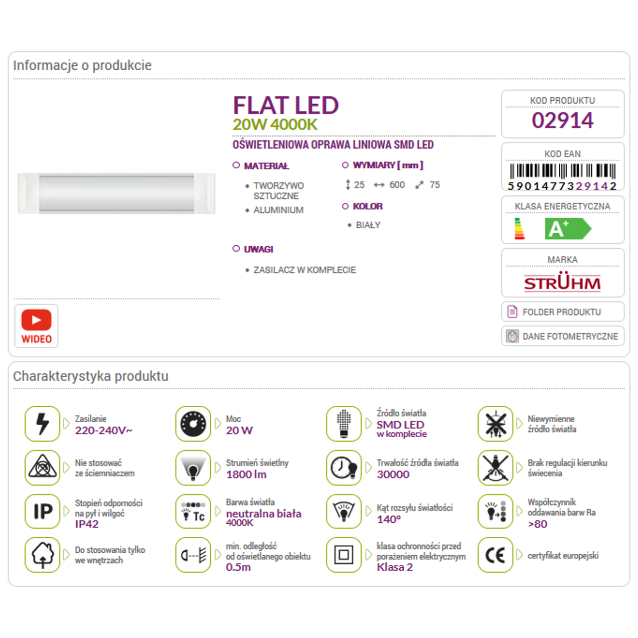 Lampa listwa FLAT LED 20W 4000K 60cm 02914 Struhm