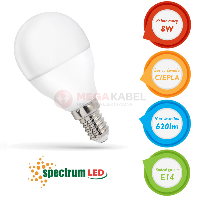 Żarówka LED kulka E14 230V 8W ciepła WW WOJ14215 SPECTRUM