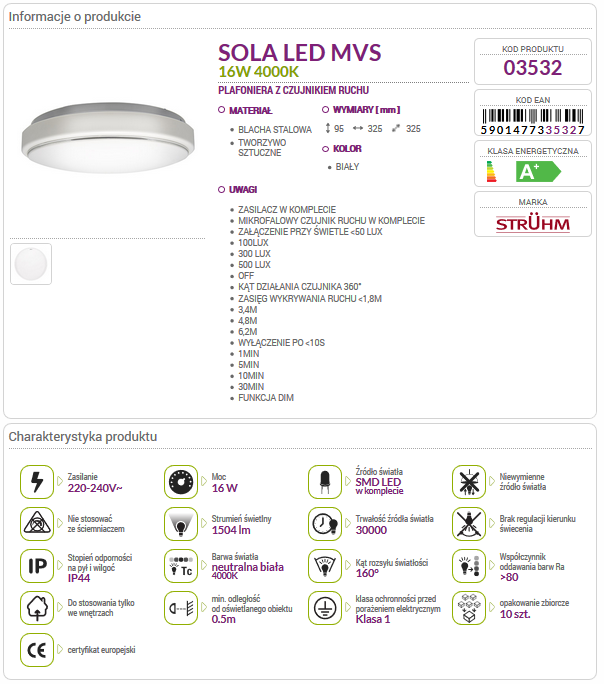 Lampa plafon SOLA LED MVS 12W 03531 CZUJNIK RUCHU