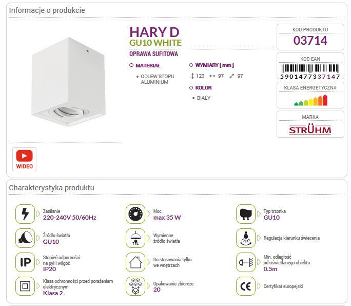 Lampa sufitowa plafon natynkowy HARY D kwadrat biały 03714 GU10