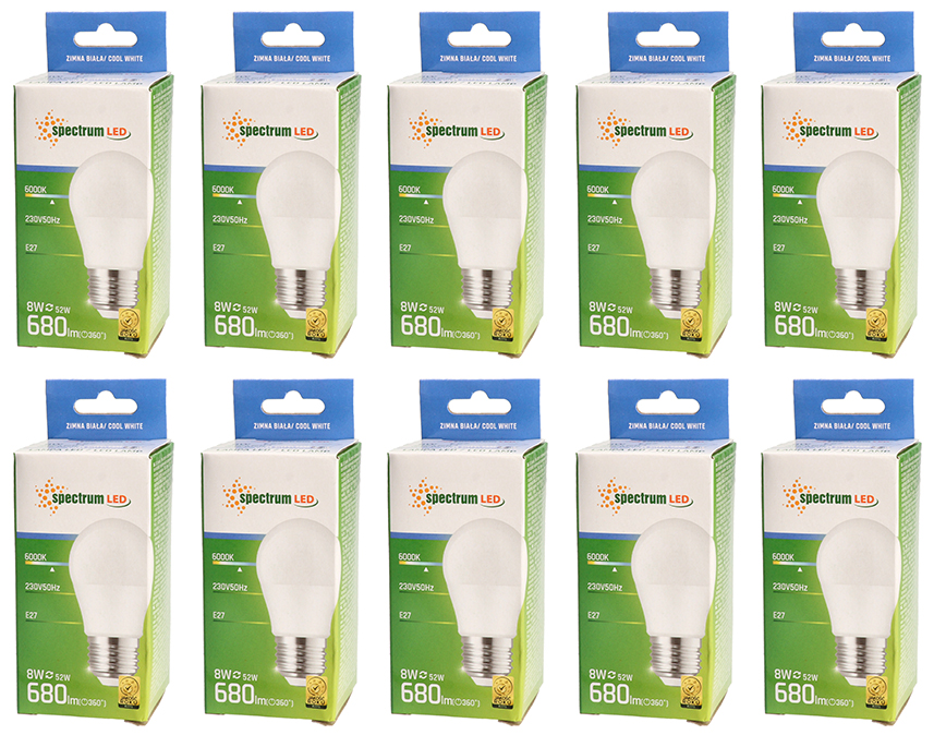 Żarówka LED kulka E27 230V 8W zimna CW WOJ+14219_8W 10 SZTUK SPECTRUM LED