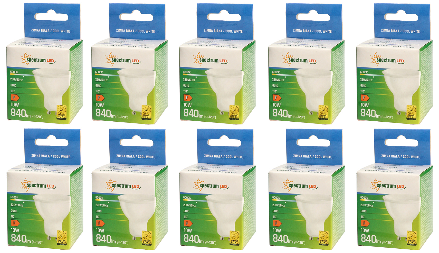 Żarówka LED GU10 9W (dawniej 10W) 230V zimna CW WOJ+13257 10 SZTUK SPECTRUM