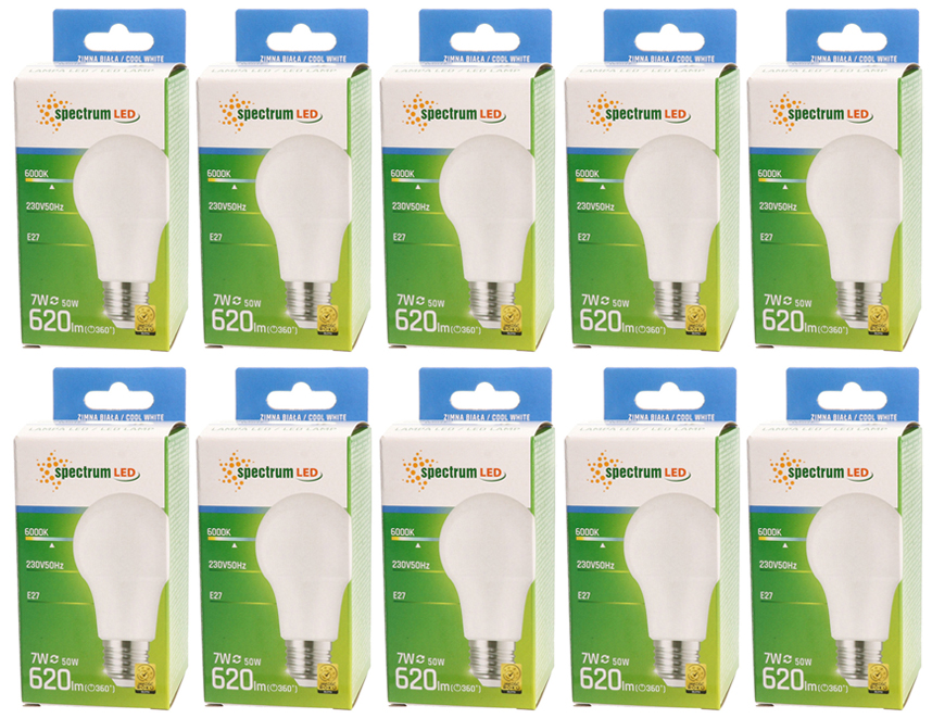 Żarówka LED GLS E27 kulka 7W zimna CW 6500K 10 SZTUK WOJ+13899 SPECTRUM LED