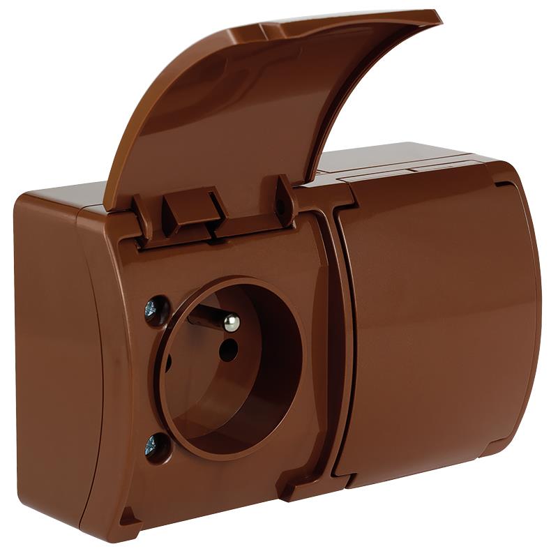 Koala gniazdo podwójne 2x2P+Z natynkowe brązowe z klapką