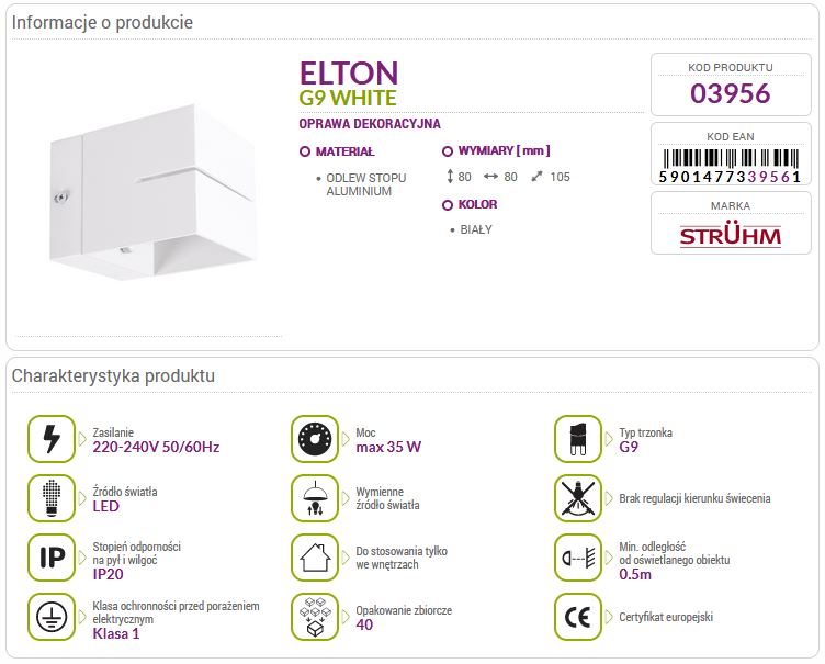 Lampa kinkiet ścienny ELTON G9 biały 03956 Struhm