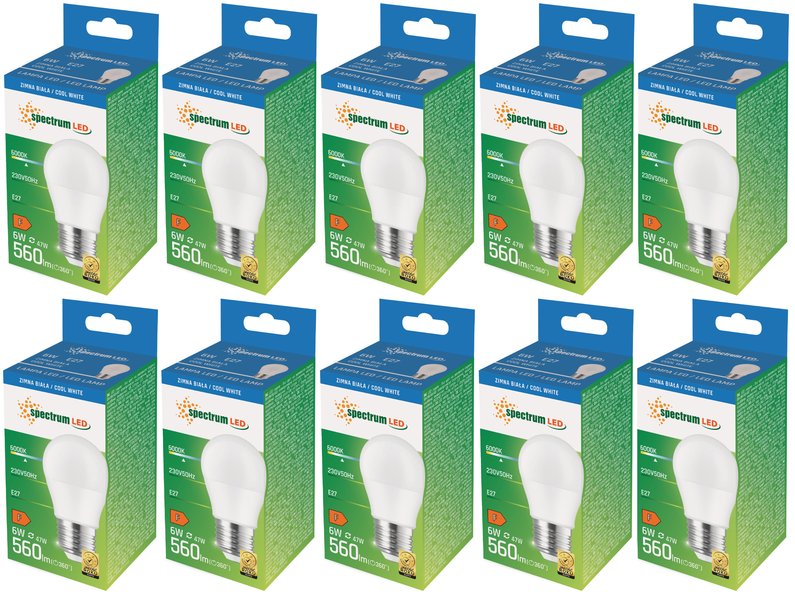 Żarówka LED E27 kulka 6W=50W barwa zimna CW WOJ+13025 10 SZTUK SPECTRUM LED