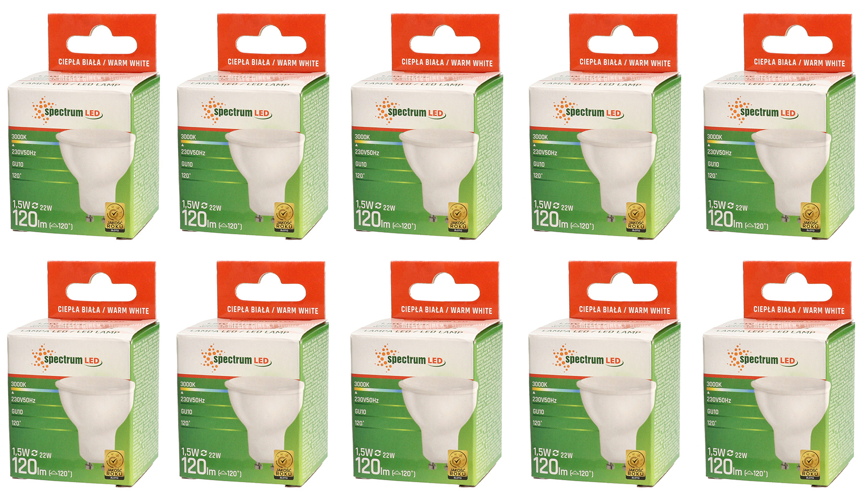 Żarówka LED GU10 1,5W 230V ciepła WW WOJ+13268 10 SZTUK SPECTRUM LED