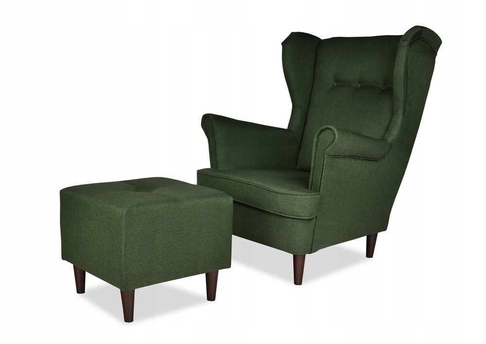 Fotel uszak ARI z podnóżkiem skandynawski FamilyMeble butelkowa zieleń