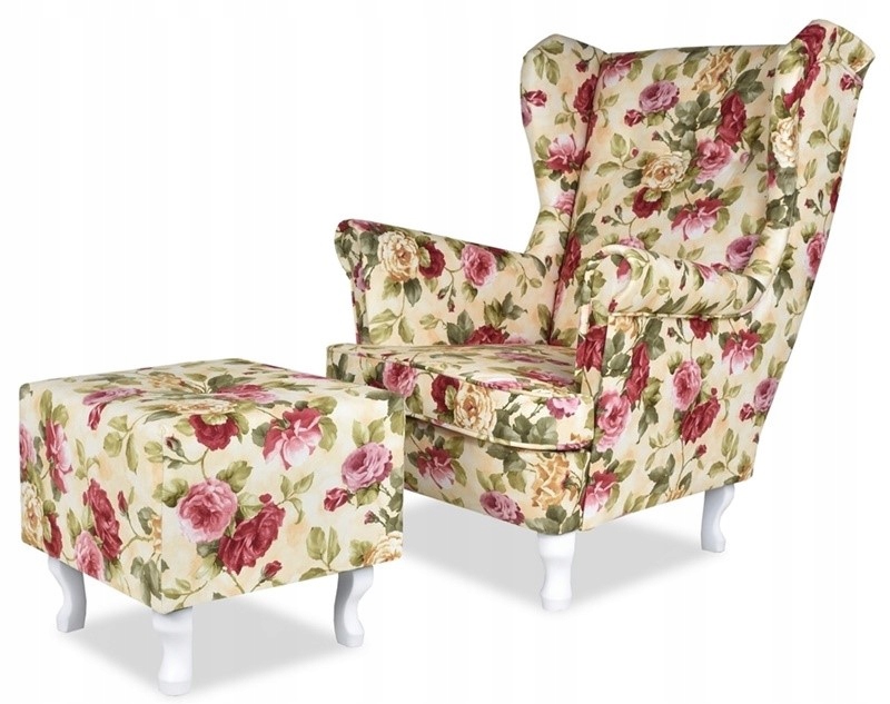 Fotel uszak ARI PRINT podnóżkiem skandynawski roże jasne