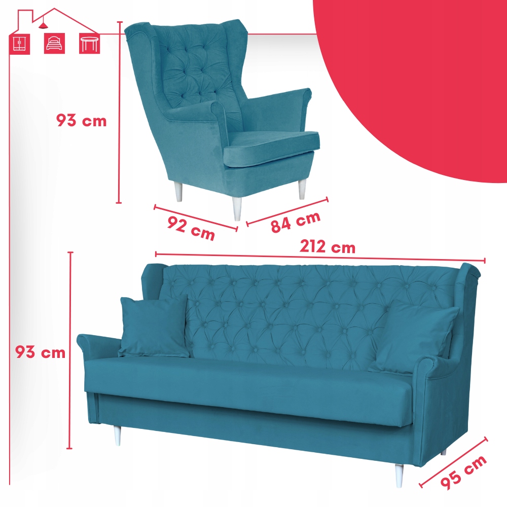 Zestaw mebli wypoczynkowych do salonu sofa 2 fotele NIEBIESKI