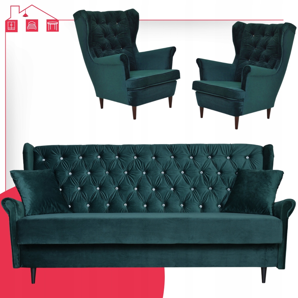 Zestaw wypoczynkowy uszak wersalka z fotelami Gaja ZIELONY