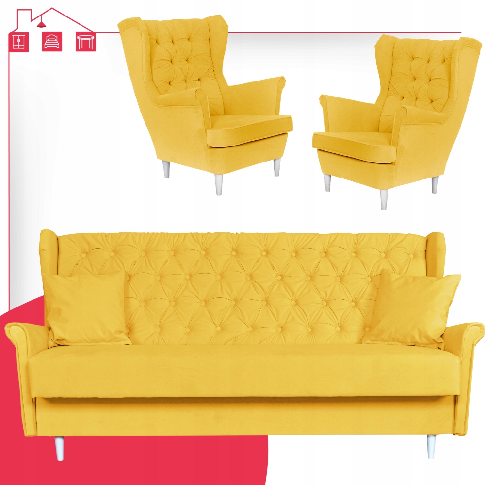 Rozkładany zestaw wypoczynkowy z wersalką fotele uszaki ŻÓŁTY
