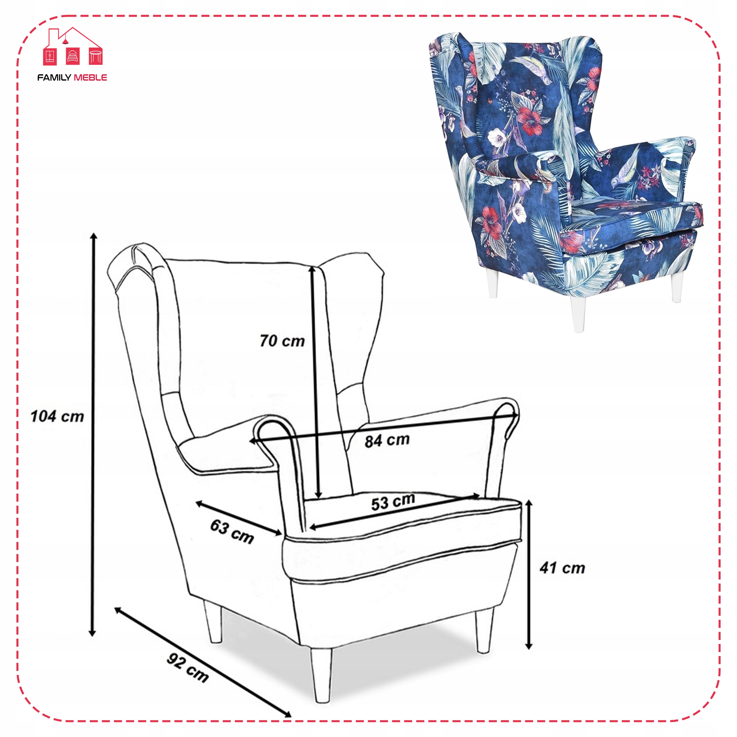 Fotel uszak ARI PRINT skandynawski granatowy wzór ptaki