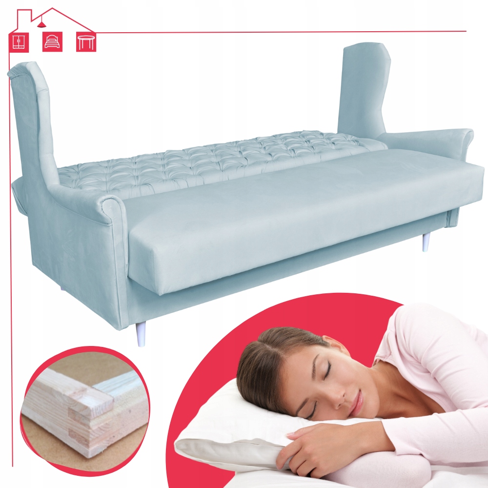 Sofa niebieska błękitna 3 osobowa WERSALKA welurowa uszak GAJA