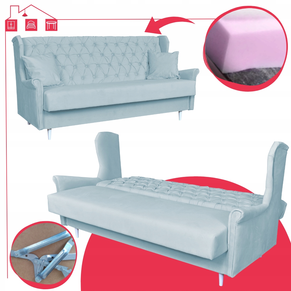 Sofa niebieska błękitna 3 osobowa WERSALKA welurowa uszak GAJA