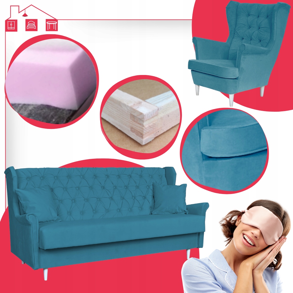 Zestaw mebli wypoczynkowych do salonu sofa 2 fotele NIEBIESKI