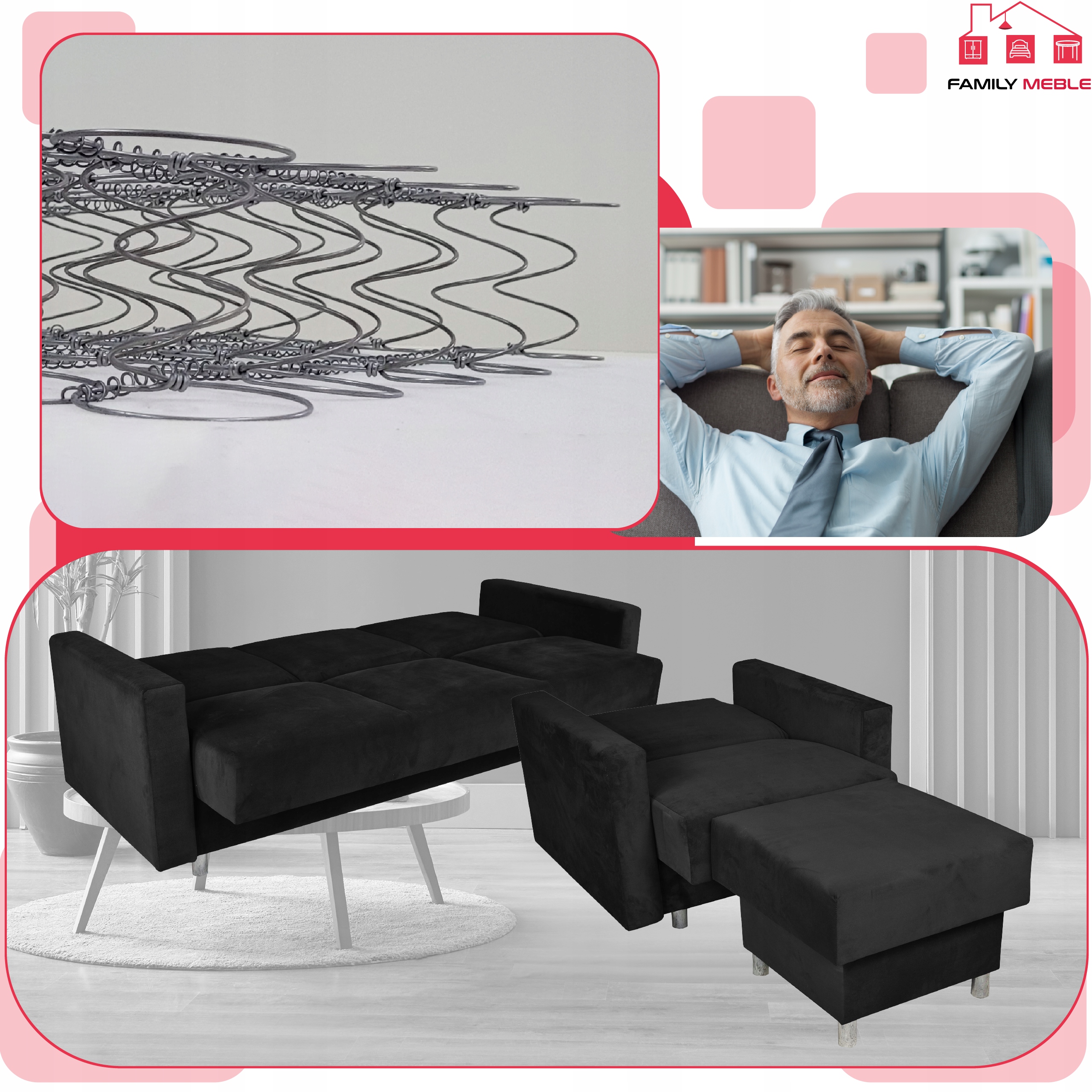 Zestaw mebli wypoczynkowy Alicja wersalka kanapa fotele pufy