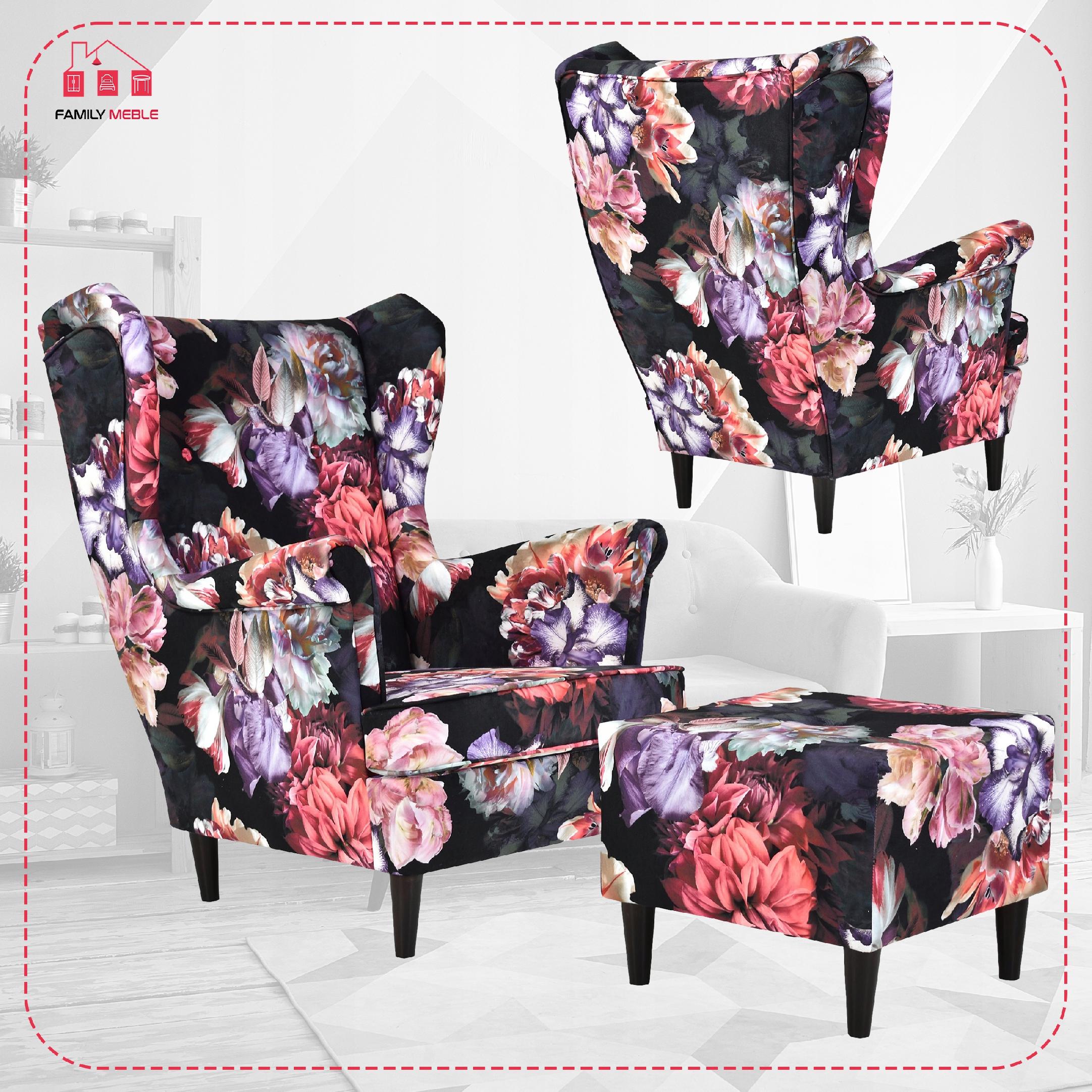 Fotel uszak ARI PRINT z podnóżkiem skandynawski  kwiecisty