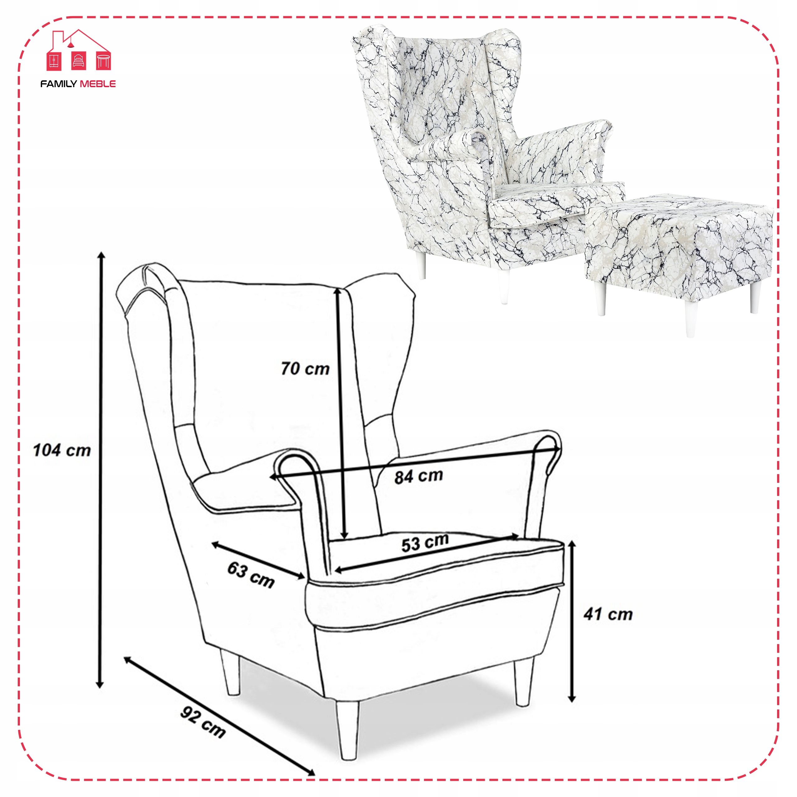 Fotel uszak ARI PRINT z podnóżkiem, skandynawski  marmurek