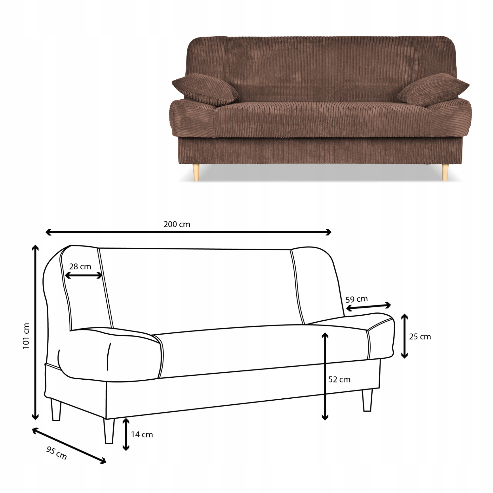 Kanapa sofa Belito rozkładana pojemnik f spania BONELL brązowa sztruks