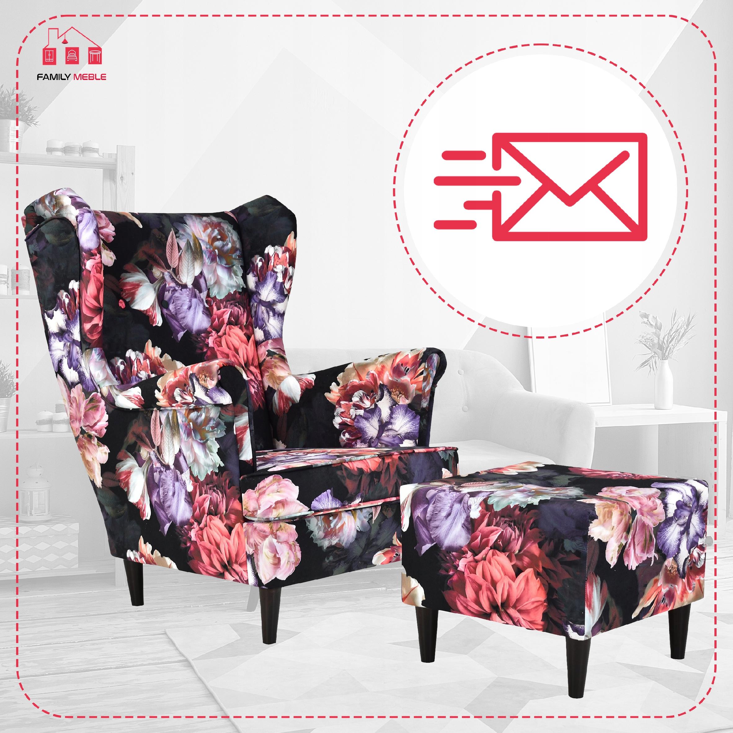 Fotel uszak ARI PRINT z podnóżkiem skandynawski  kwiecisty