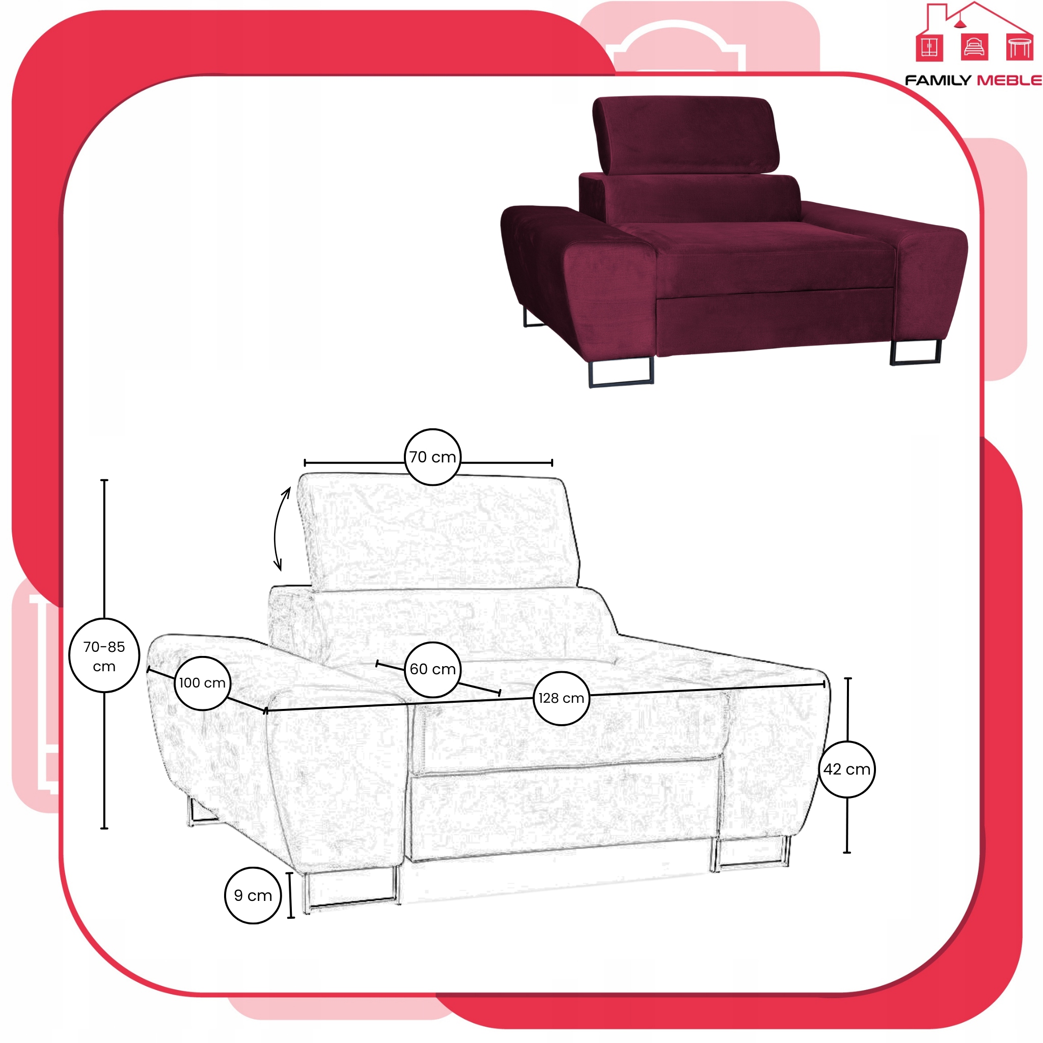 Zestaw mebli wypoczynkowych Bosso Sofa 3os fotele bordowe