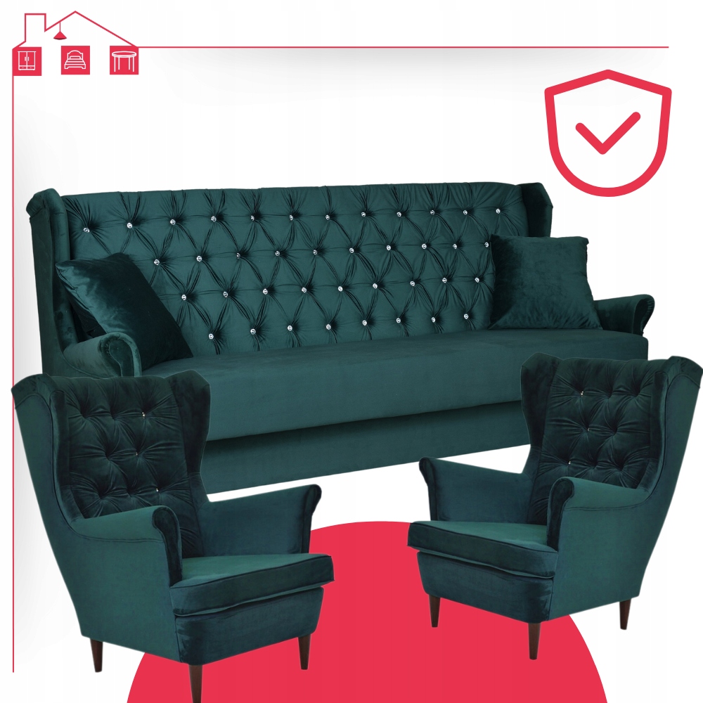 Zestaw wypoczynkowy uszak wersalka z fotelami Gaja ZIELONY