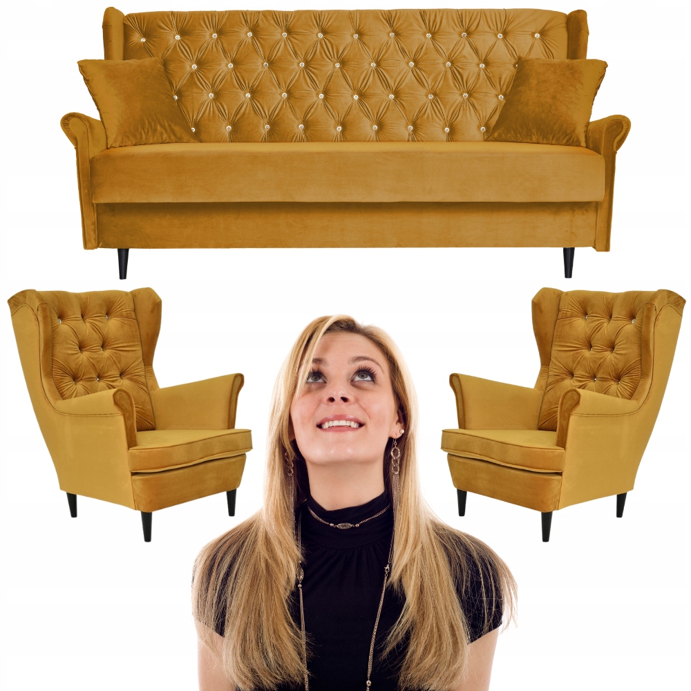 Zestaw wypoczynkowy z wersalką 2 fotele Gaja MUSZTARDOWY