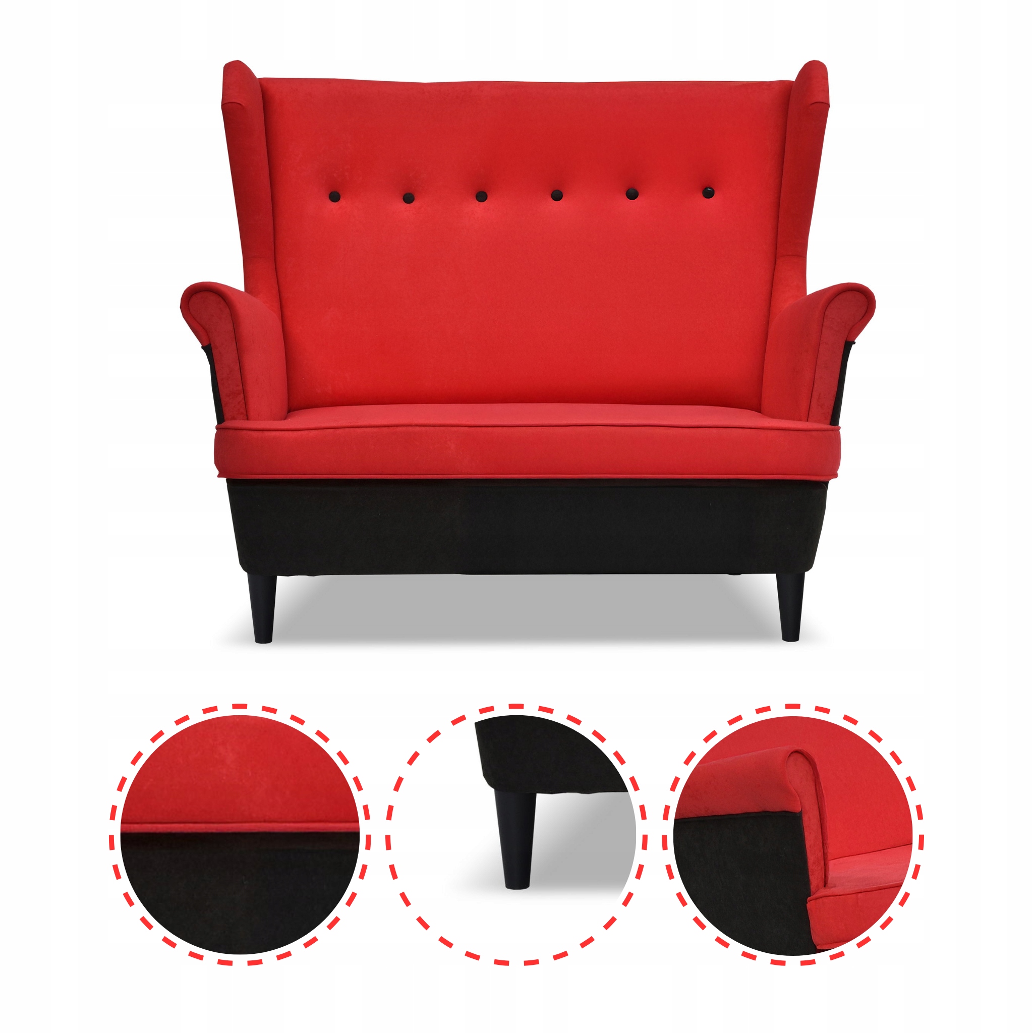 Zestaw wypoczynkowy ARI DUO sofa fotele pufy czarno - czerwony