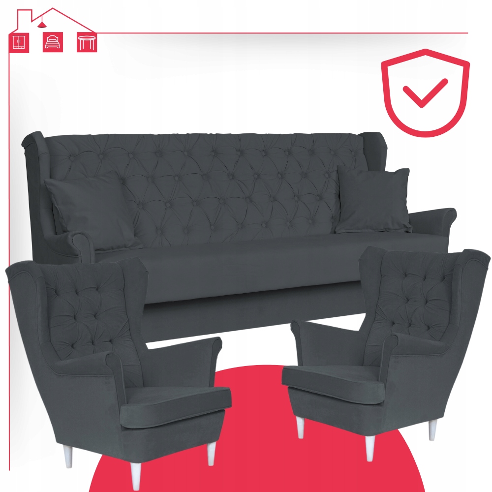 Zestaw wypoczynkowy skandynawski wersalka z fotelami SZARY