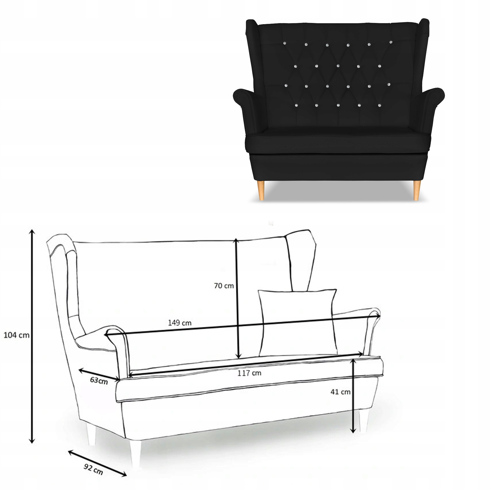 Zestaw uszak Gaja ekoskóra skaj sofa fotele pufy czarny