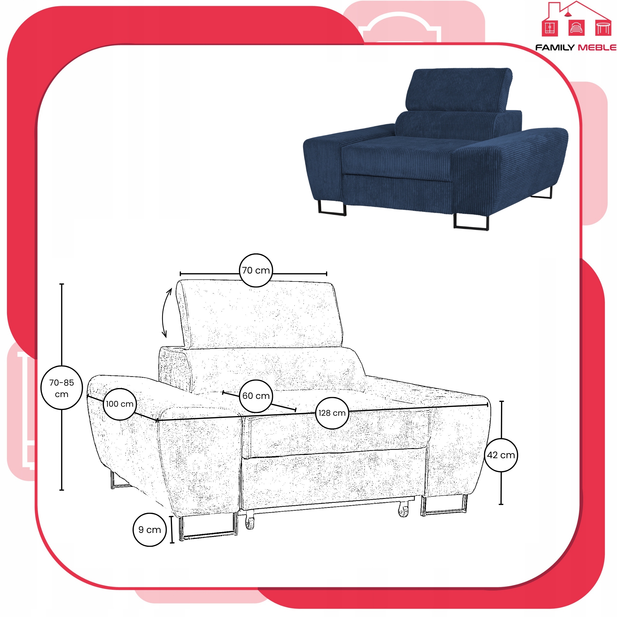 Zestaw mebli wypoczynkowych salon Savio Sofa 2os fotele granat