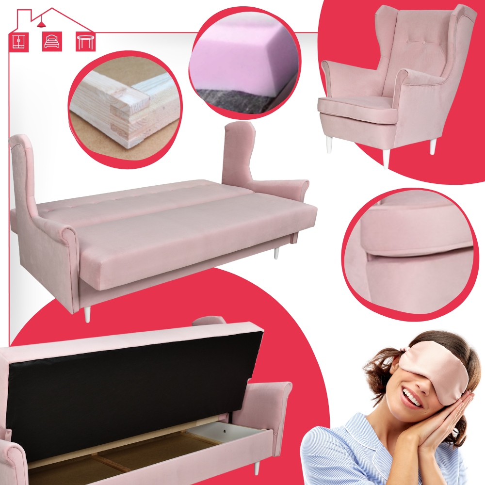 Zestaw Mebli Wypoczynkowych do salonu pudrowy róż ARI