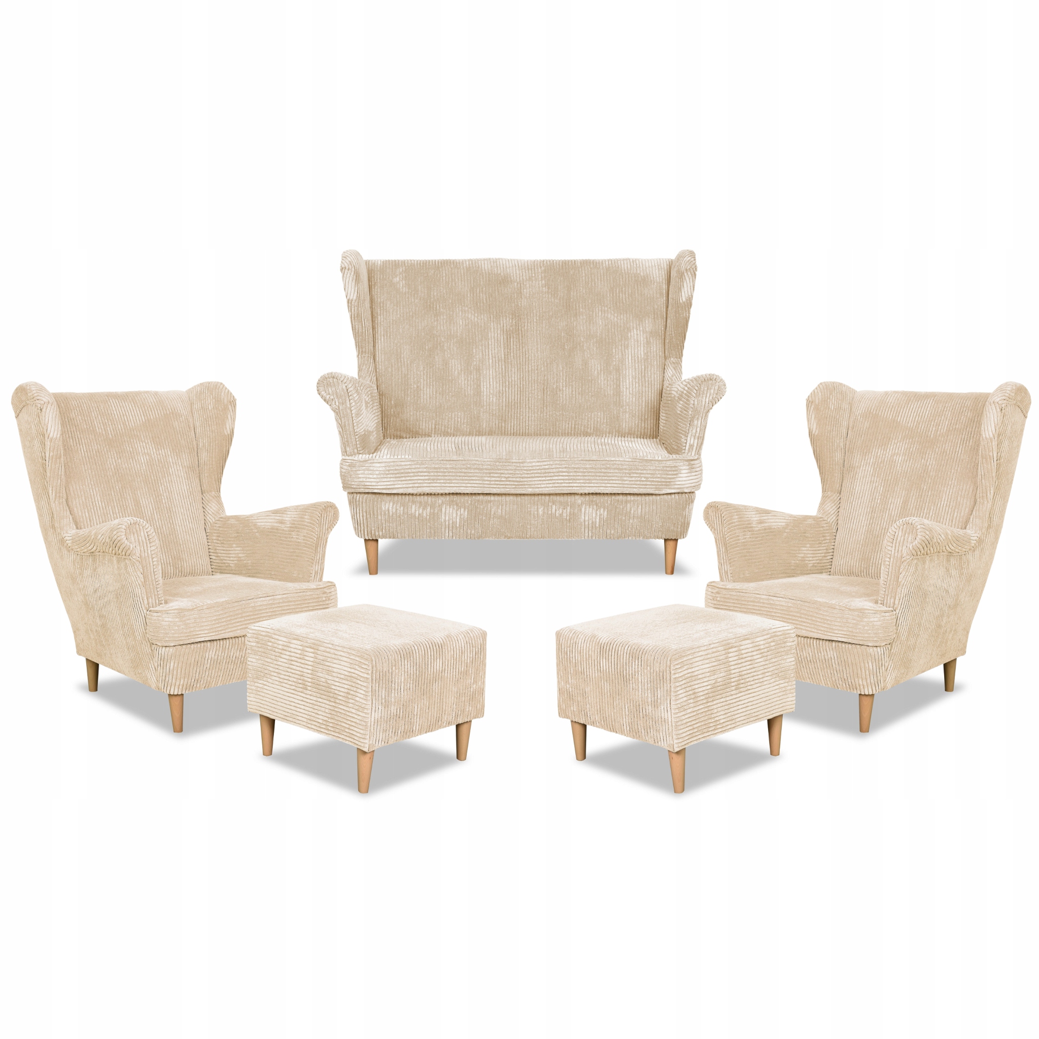 Zestaw wypoczynkowy uszak Bonito sofa fotele pufy  beż sztruks