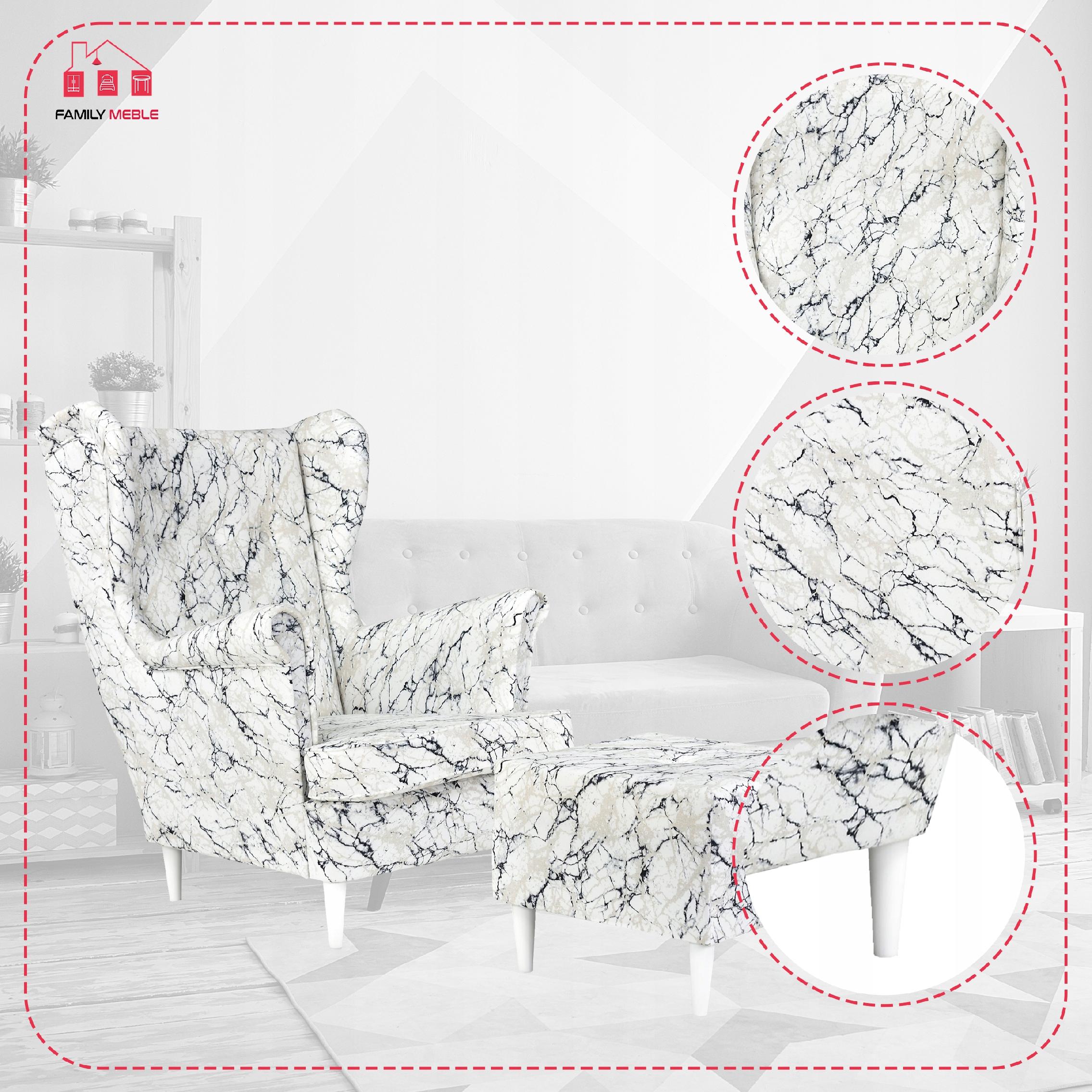 Fotel uszak ARI PRINT z podnóżkiem, skandynawski  marmurek