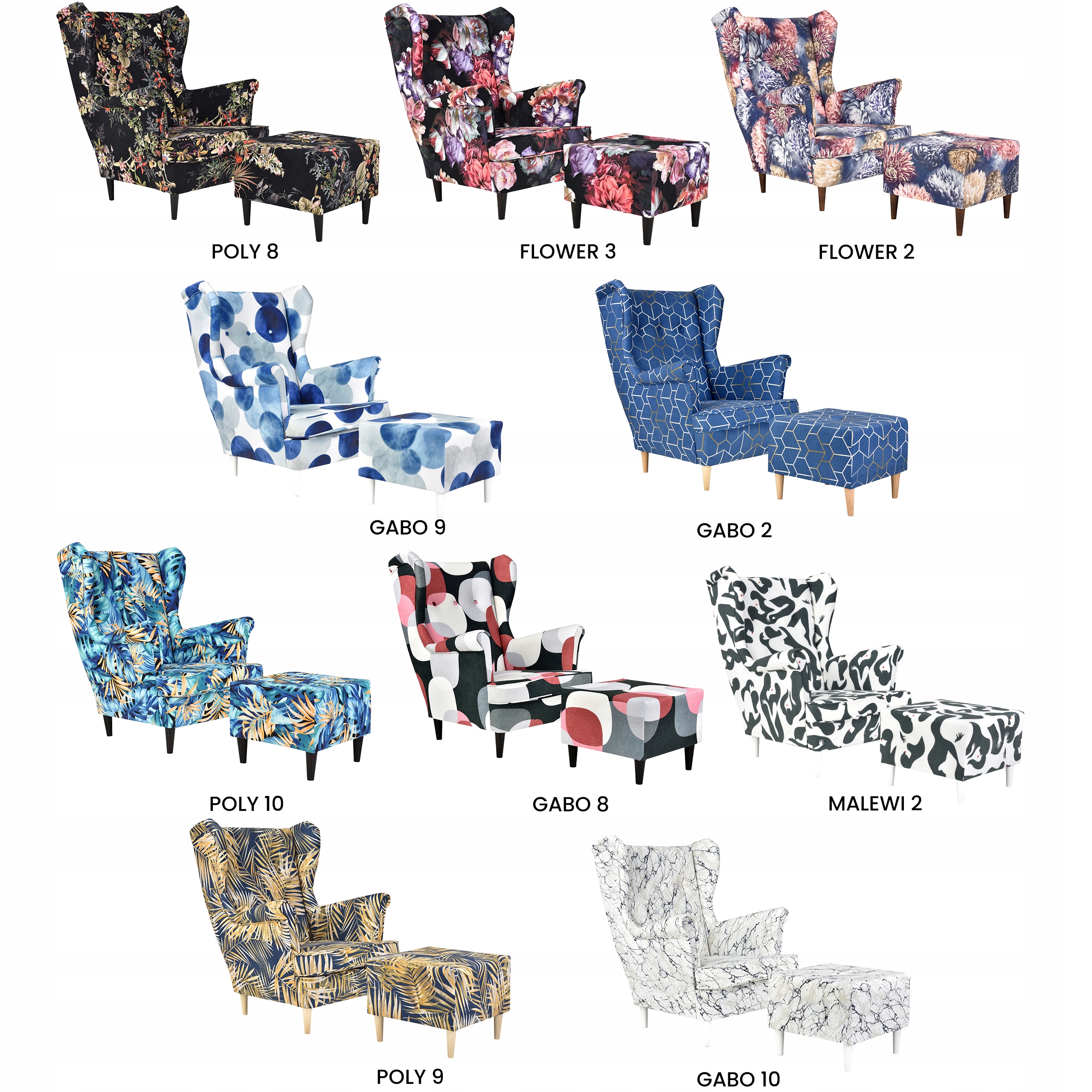 Fotel uszak ARI PRINT z podnóżkiem, skandynawski  marmurek