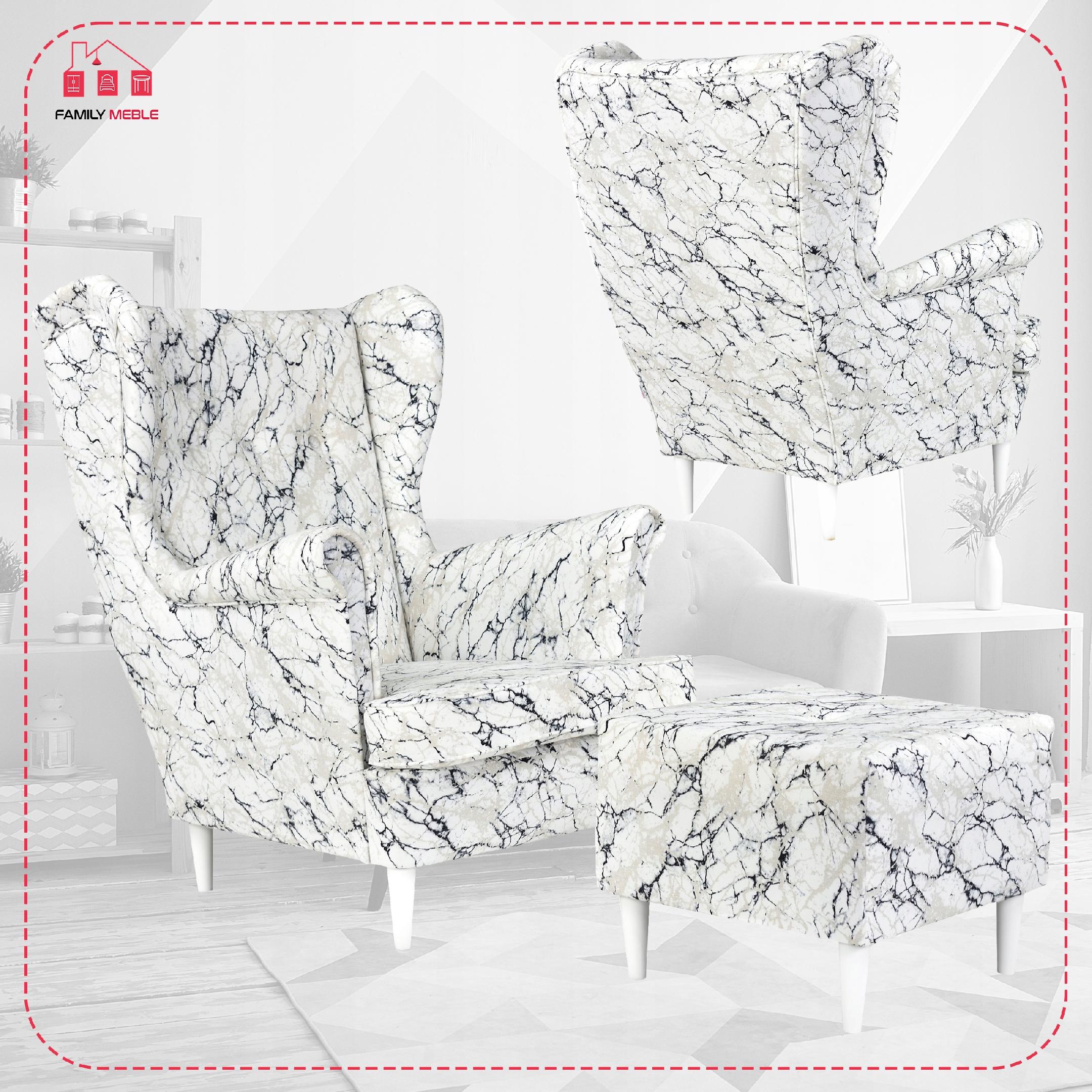 Fotel uszak ARI PRINT z podnóżkiem, skandynawski  marmurek