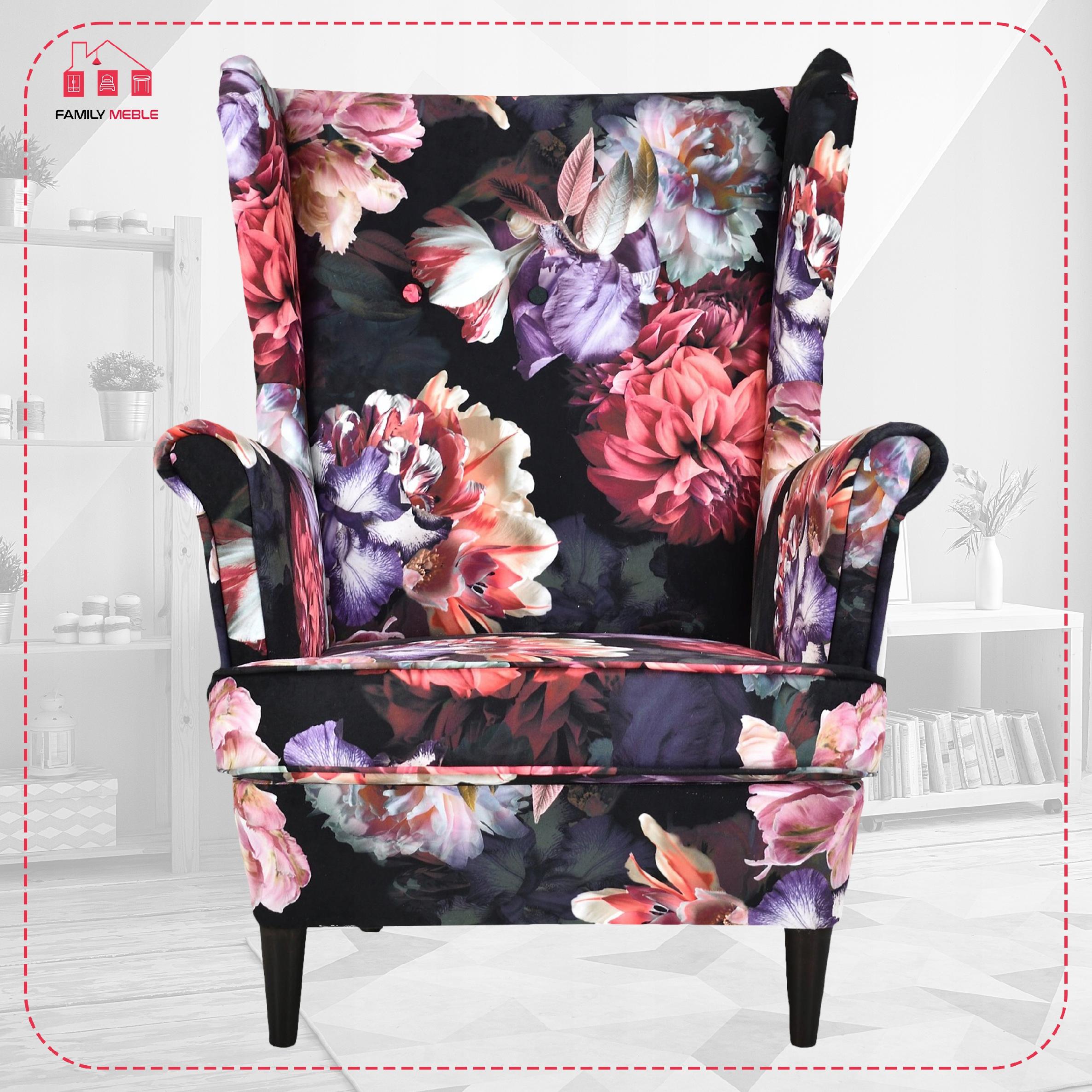 Fotel uszak ARI PRINT z podnóżkiem skandynawski  kwiecisty