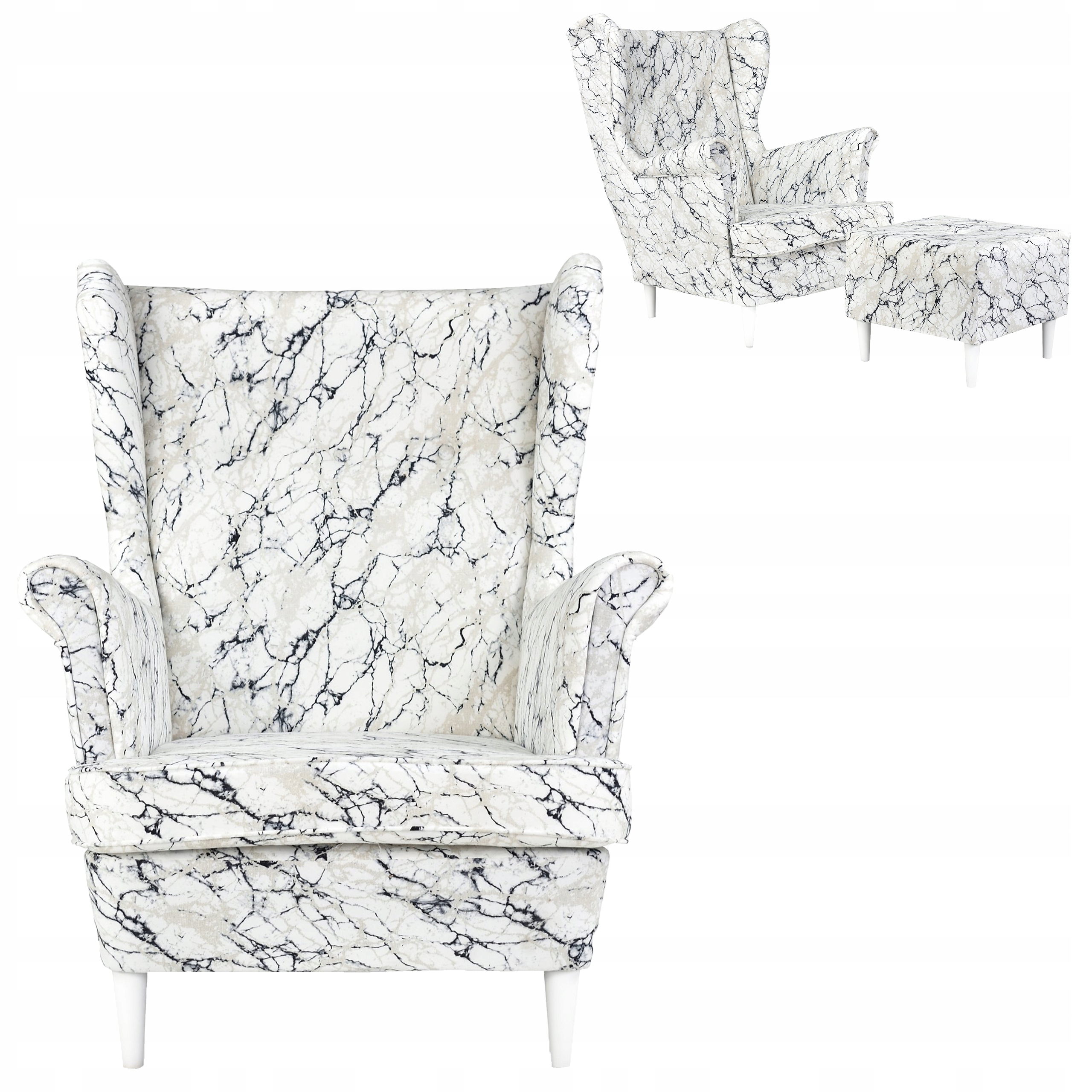 Fotel uszak ARI PRINT z podnóżkiem, skandynawski  marmurek