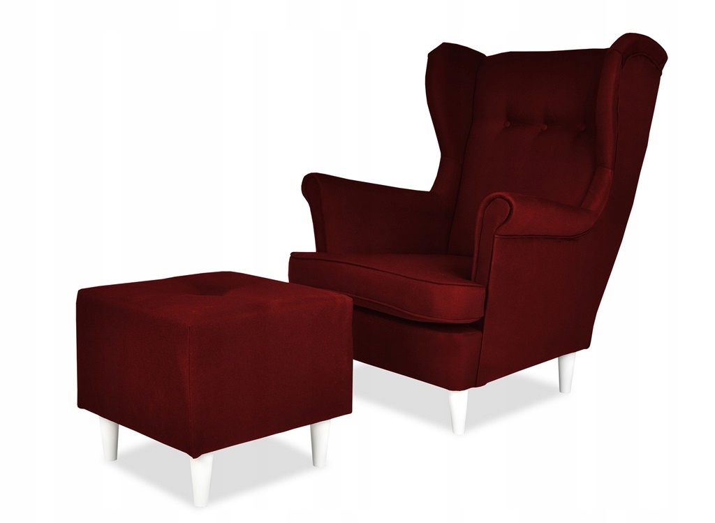 Fotel uszak ARI z podnóżkiem, skandynawski  czerwień bordo