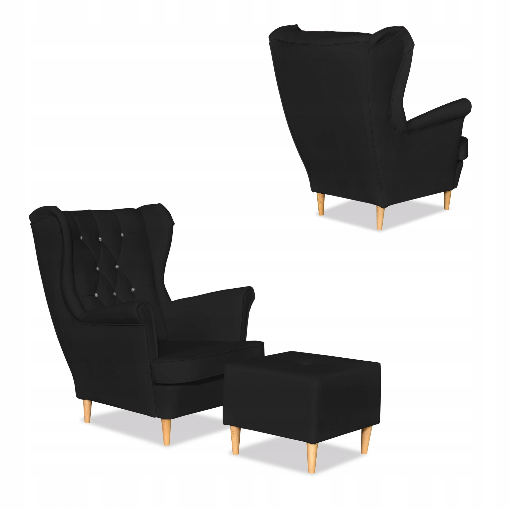 Zestaw uszak Gaja ekoskóra skaj sofa fotele pufy czarny