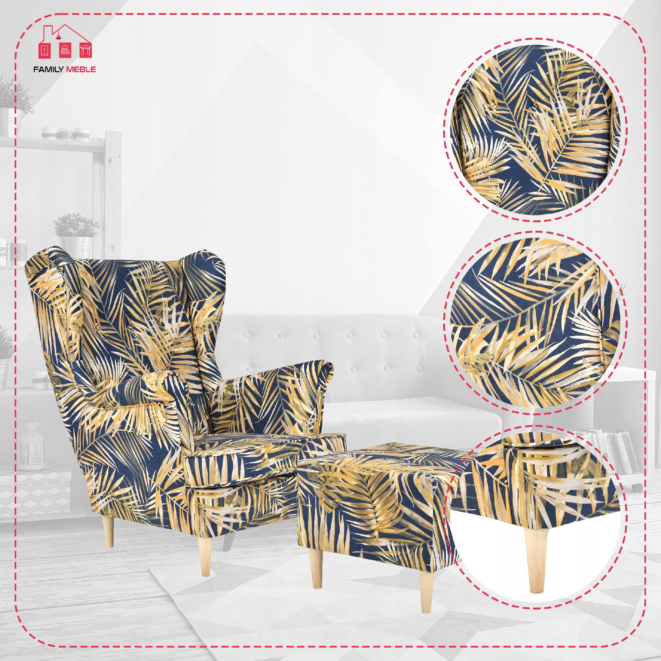 Fotel uszak ARI PRINT z podnóżkiem, skandynawski  BOHO