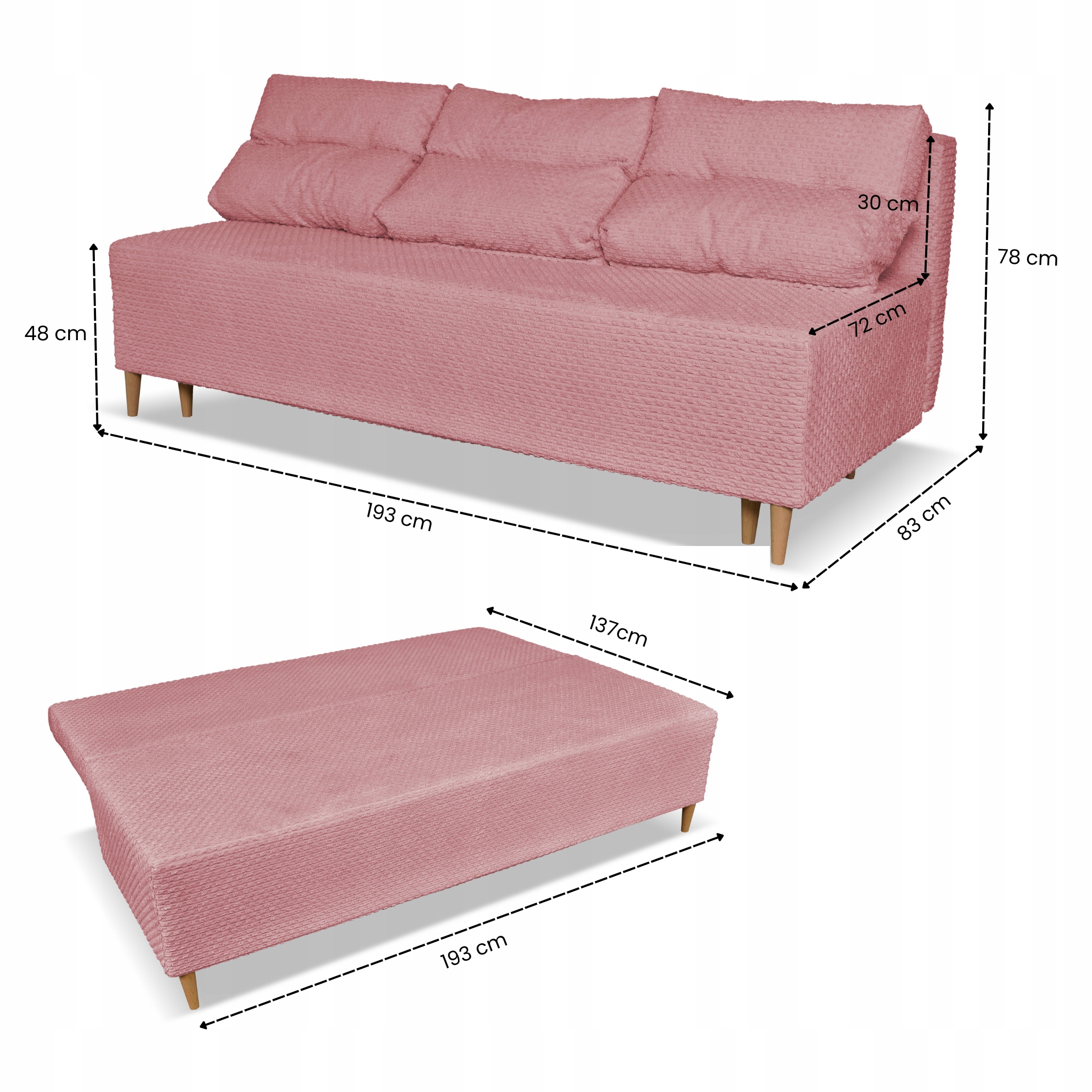 Kanapa sofa KIMO f. spania pojemnik Twisster c. róż sztruks