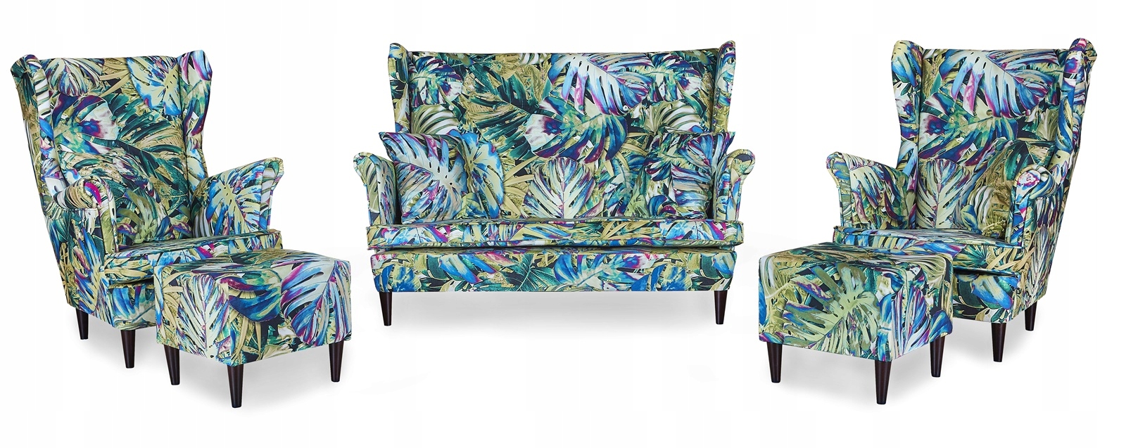 Zestaw wypoczynkowy mebli uszak Ari Print sofa fotele pufy  komplet