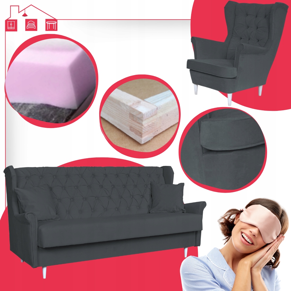 Zestaw wypoczynkowy skandynawski wersalka z fotelami SZARY